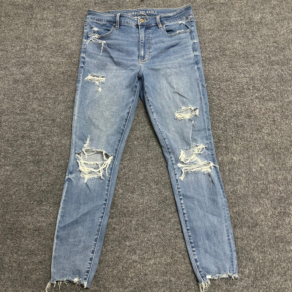 American Eagle Jeans Womens Size 12 Blue Distressed Skinny High Rise Raw Hem
